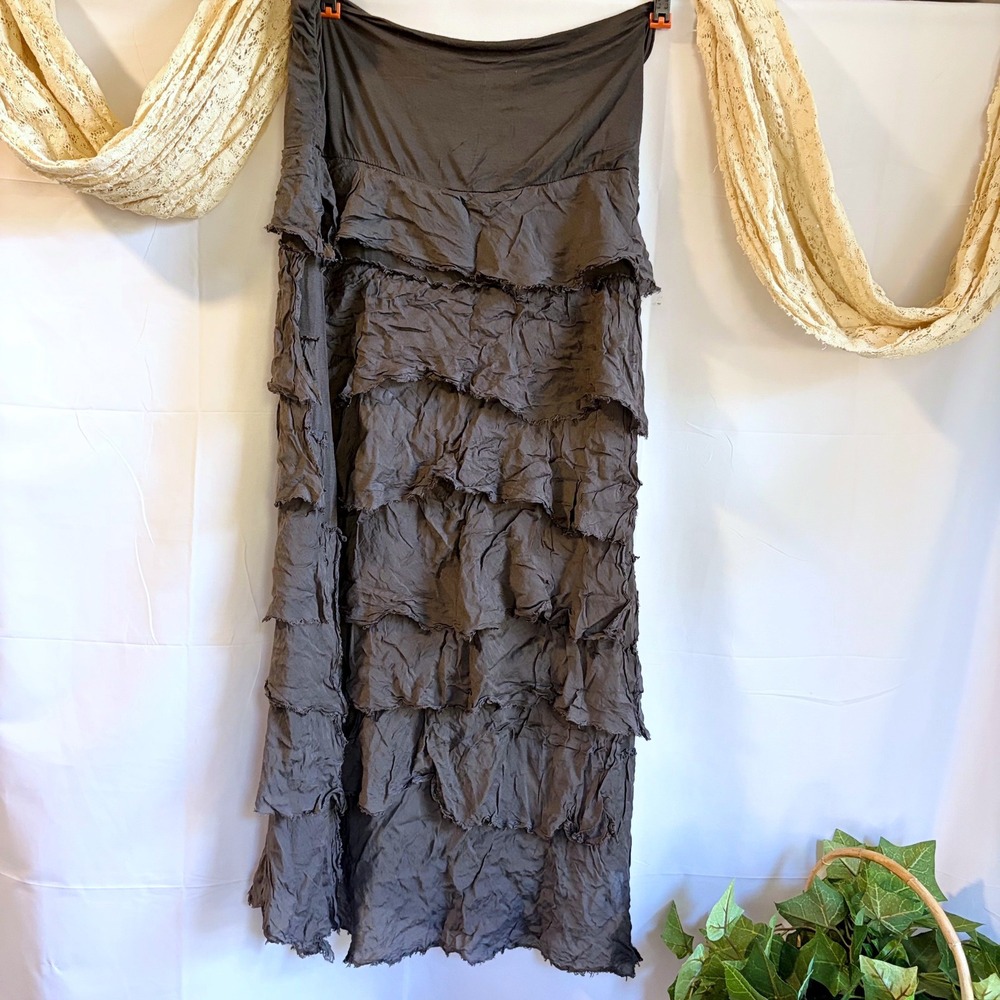 Euro Vintage Subversive Grey Silk Blend Ruffle Tiered Maxi Skirt Made Italy L